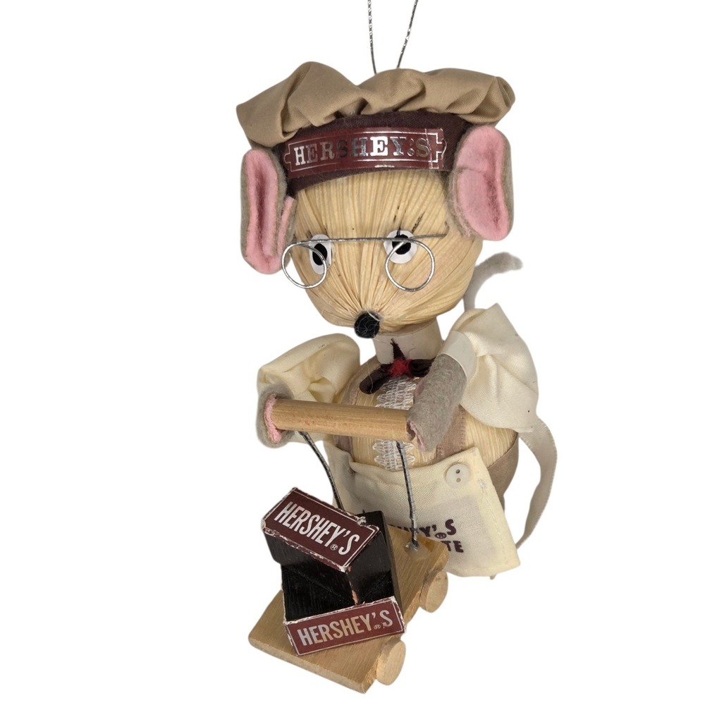 Vintage Hershey's Chocolate Corn Husk Mouse Chef Ornament with Wooden Cart